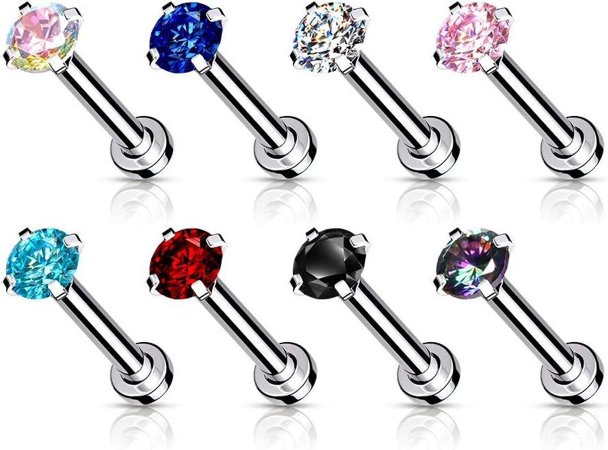 16GA (1.2mm) L. 5/16" (8mm) Labret With CZ Prong Set Top Flat Back Stud Internally Threaded Micro Base 316L Surgical Steel For Nose, Lip, Chin, and More