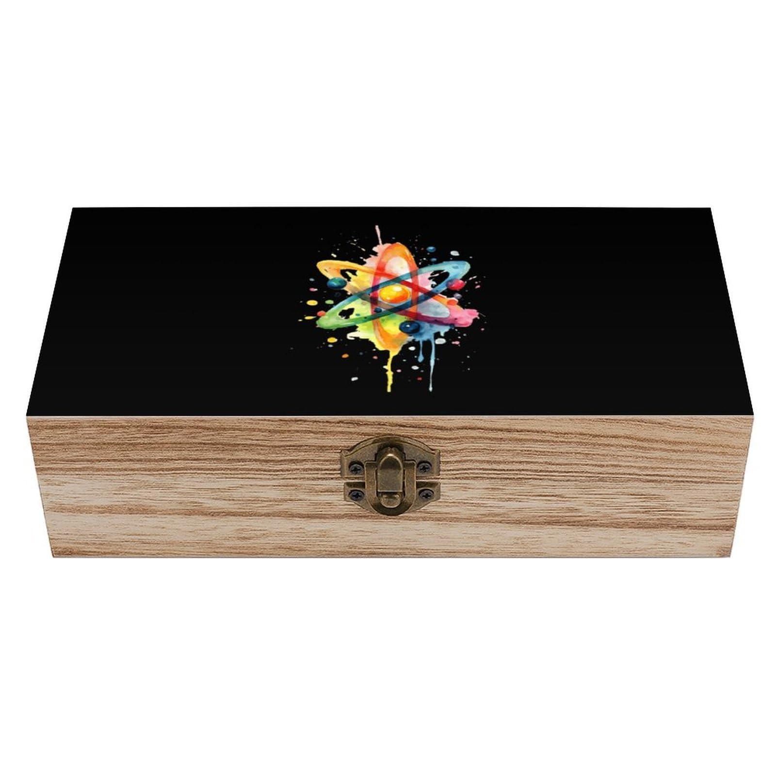 HLBSDM Watercolor Atom Science Wooden Storage Box Craft Memory Keepsake Treasure Chest Box Jewelry Organizer