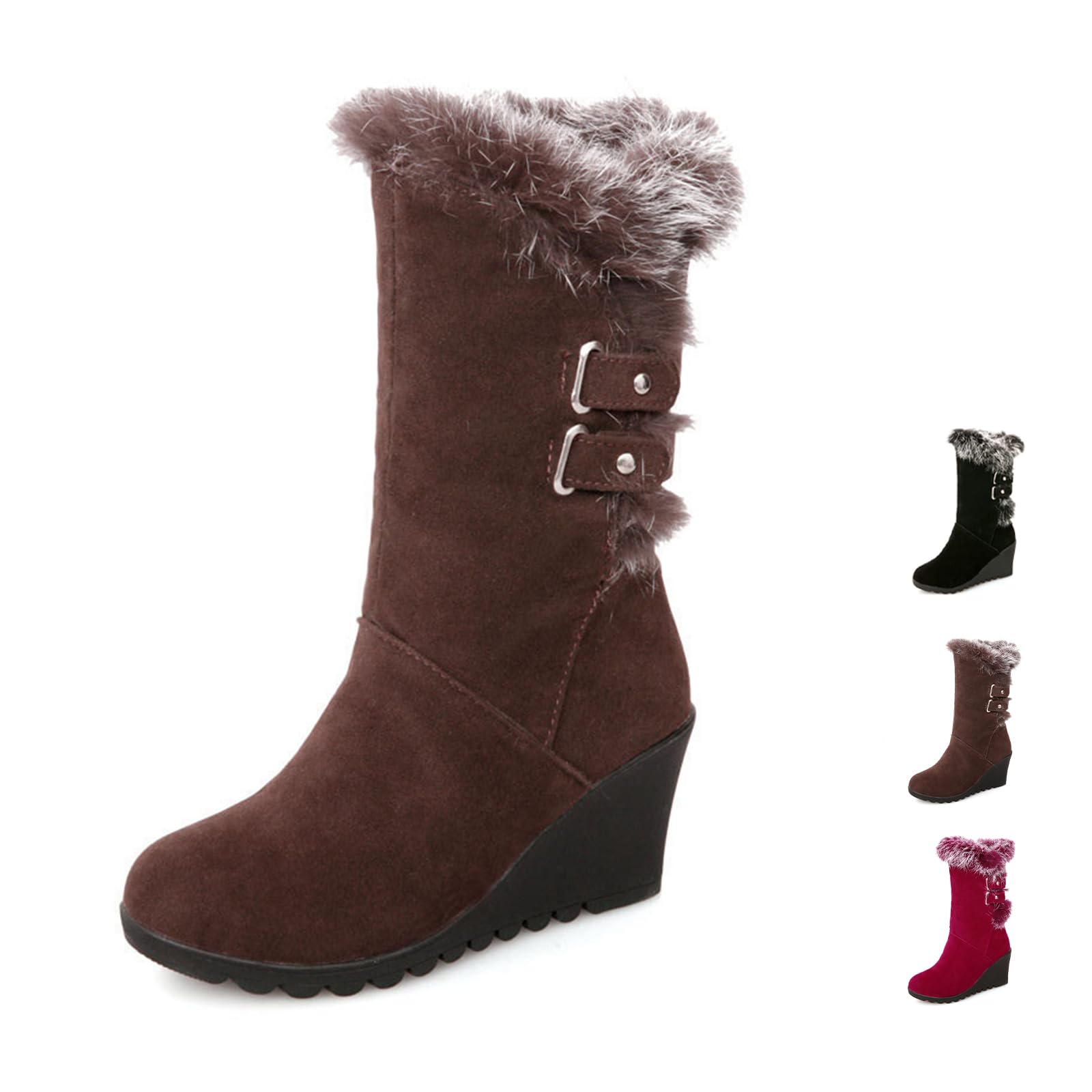 Womens Mid-Calf Winter Platform Wedge Boots Slip-on Rabbit Fur Collar Tall Lace Up Fur Lined Wide Calf Snow