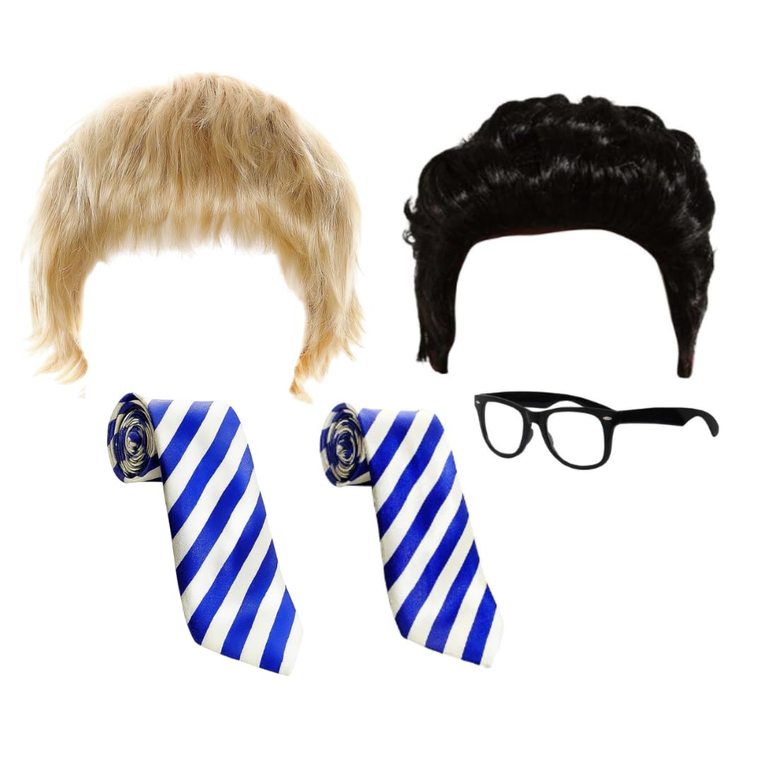 Adults Will and Jay Inbetween Costume Accessory Set – Blonde Wig Black Wig 2x School Ties & Geek Glasses – Funny TV Show Fancy Dress Duo Outfit
