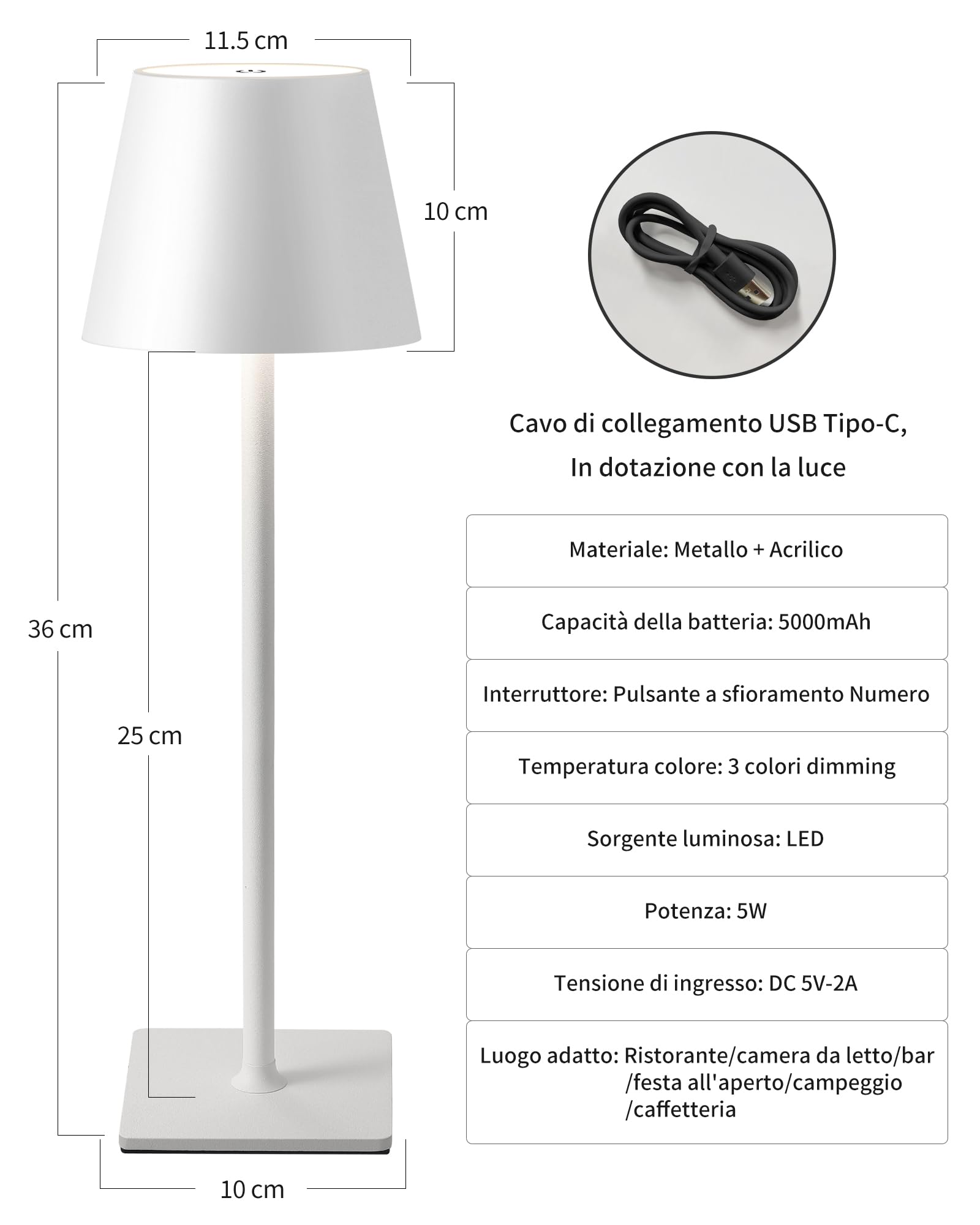 VISDANFO 2 Pezzi Lampada da Tavolo LED Senza Fili, Ricaricabile 5000mAh, Dimmerabile, 2700-6000K, Lampada da Comodino Batteria per Camera da letto, Sala da pranzo, Esterno, Impermeabile (Bianco)