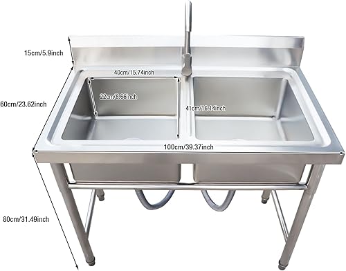 Miniatura 7 de DuyviSteil - Fregadero multifunción de acero inoxidable para cocina comercial y al aire libre, fregadero doble o uso en restaurante (40 x 24 x 32