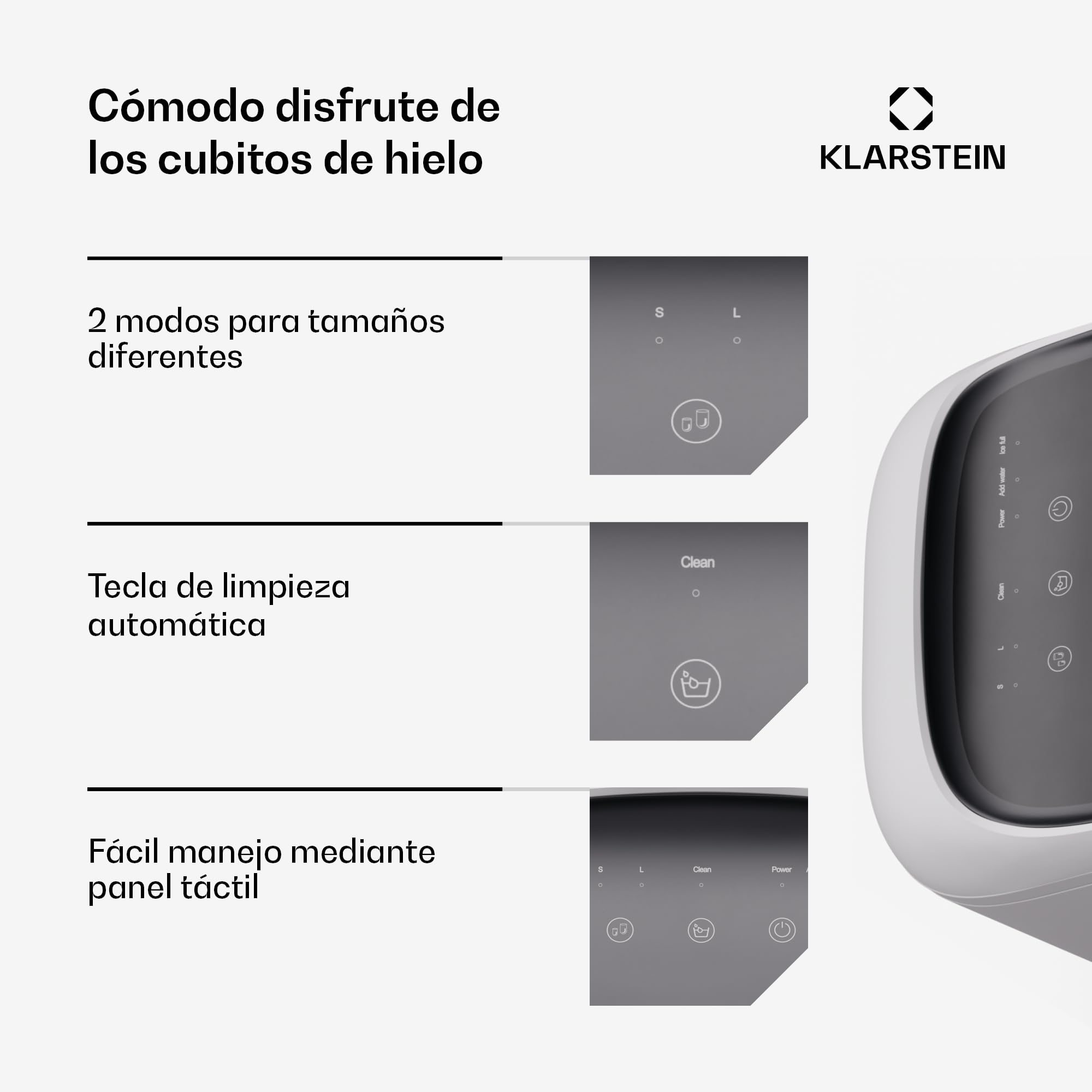 Klarstein SparkIce Máquina de hielo - 15 kg/día, 6 minutos, 2 tamaños de cubitos, panel táctil, limpieza automática, para casa y bar, incluye pala, blanco