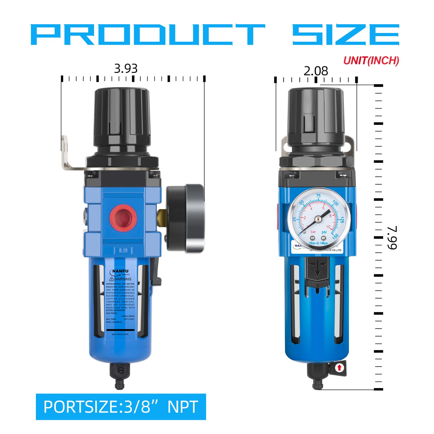 NANPU 3/8" NPT Compressed Air Filter Regulator Combo Piggyback, 5 Micron Brass Element, Poly Bowl, Manual Drain, Metal Bracket, 0-150 psi Gauge - AW3000-03M