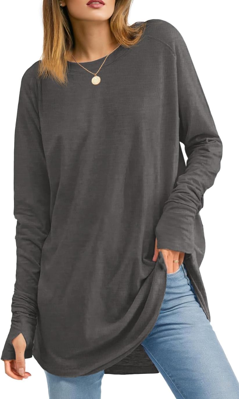 Women’s Long Sleeve Shirts Oversized Tunic Tops Crew Neck Cotton T-Shirts for women