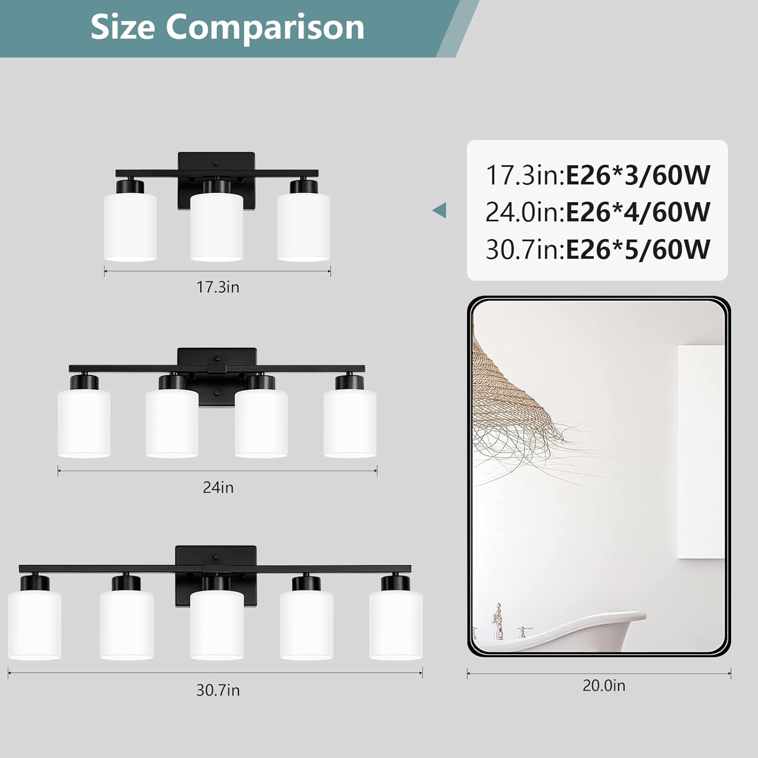 Black Bathroom Light Fixtures, 3-Light Modern Vanity Lights with Milky White Frosted Glass Shades, Wall Sconces for Mirror, Bathroom, Restroom (E26 Socket)