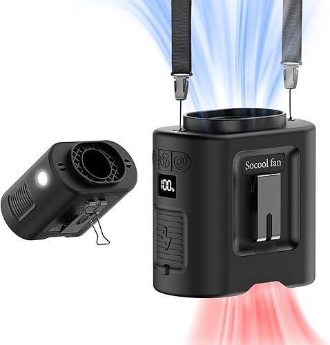 Miniatura 10 de Socool - Ventilador portátil de 10 000 mAh, clip para el cinto, batería recargable, 5 velocidades, linterna, para el cuello, manos libres, 40 horas,