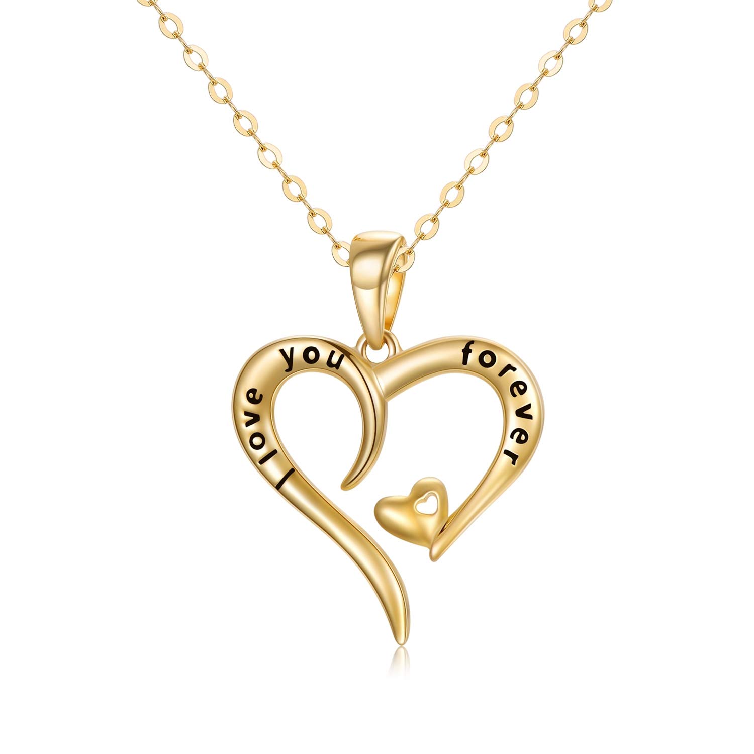 14k Gold"I love You Forever" Heart Necklace for Women, Real Gold Love Jewelry for Her, 16+1+1 Inch