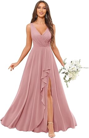 Bridesmaid Dresses with Slit Pockets Chiffon V-Neck Ruffles Ruched A-Line Empire Waist Long Wedding Guest Dress