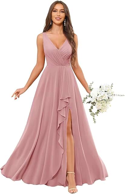 Bridesmaid Dresses with Slit Pockets Chiffon V-Neck Ruffles Ruched A-Lin...