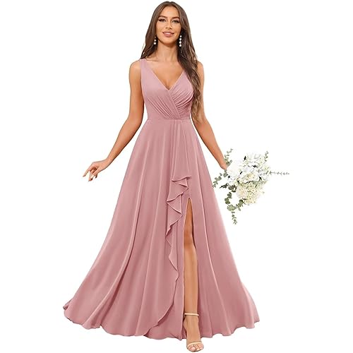 Bridesmaid Dresses for Women V-Neck Pleated Chiffon Ruffles A-Line Formal Evening Gown with Slit