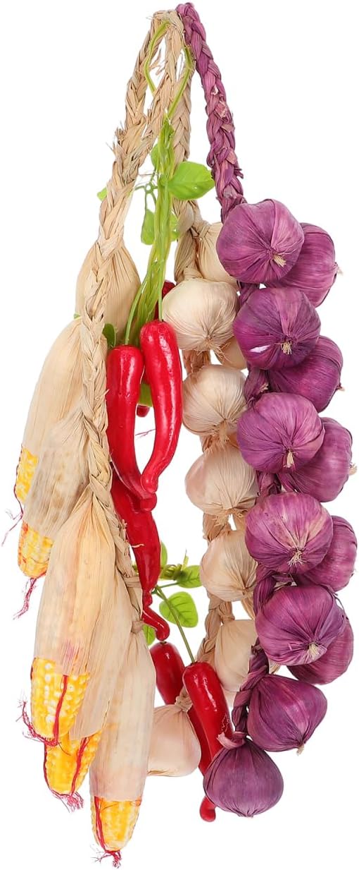 DOITOOL 4PCS Artificial Vegetables for Decoration Lifelike, Hanging Artificial Garlic Strings, Artificial Corn String with Artificial Peppers Simulation Vegetables for Decoration Photography Props