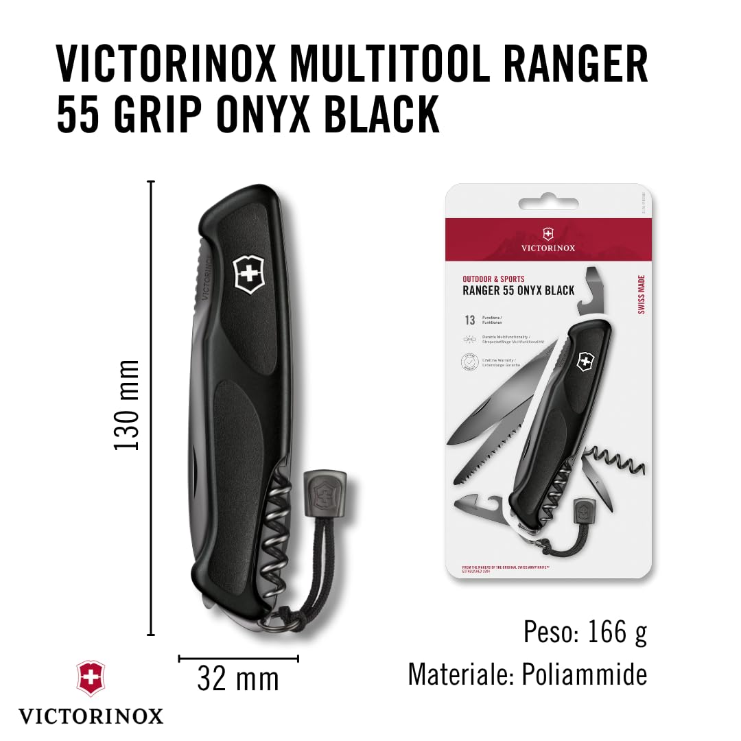 Victorinox, Ranger 55 Grip Onyx Black, Coltello Svizzero, Originale, Multiuso, Campeggio, 13 Funzioni, Lama, grande, Apriscatole, Bloccabile