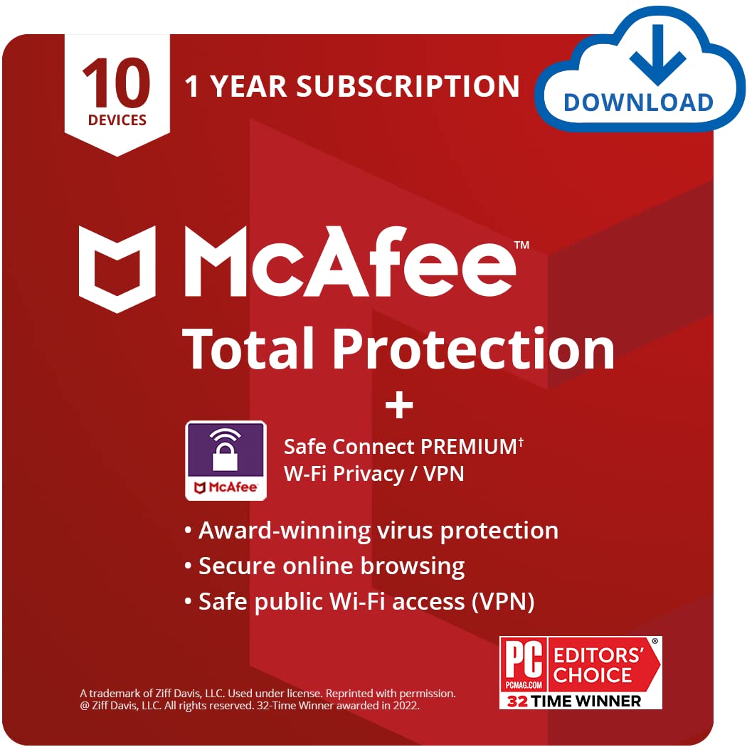 McAfee Total Protection w/ Safe Connect VPN 2022 | 10 Device | Antivirus Internet Security Software 