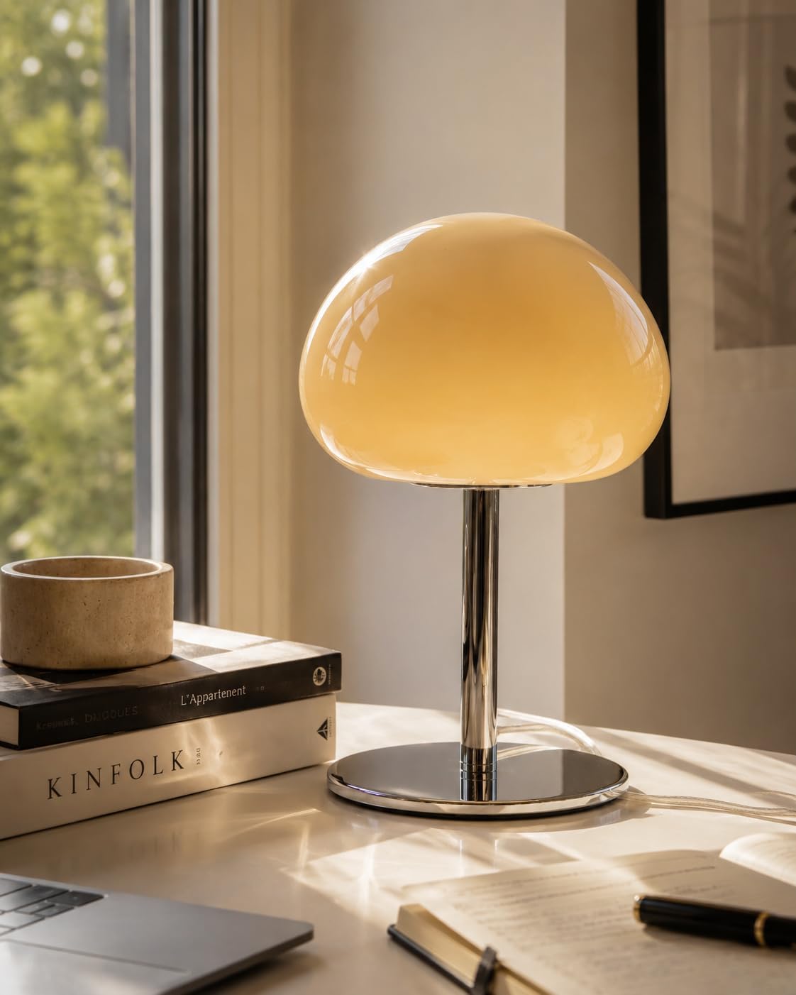 Gumdrop Cream Glass Mushroom Table Lamp, 13.5” Dimmable Bedside Lamp with Chrome Base for Bedroom, Living Room, Modern Aesthetic Home Décor