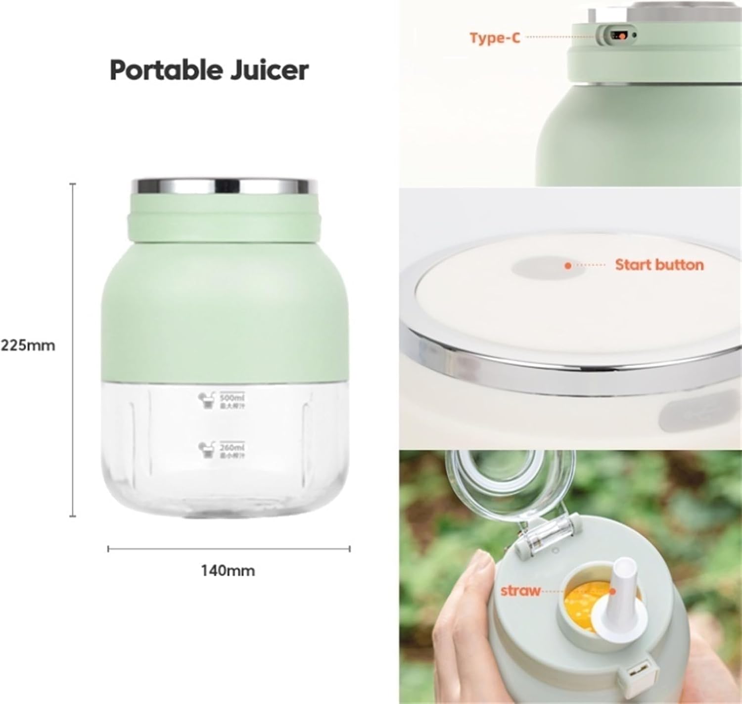 Detailed view of the portable juicer showing its dimensions, Type-C charging port, start button, and straw mechanism.