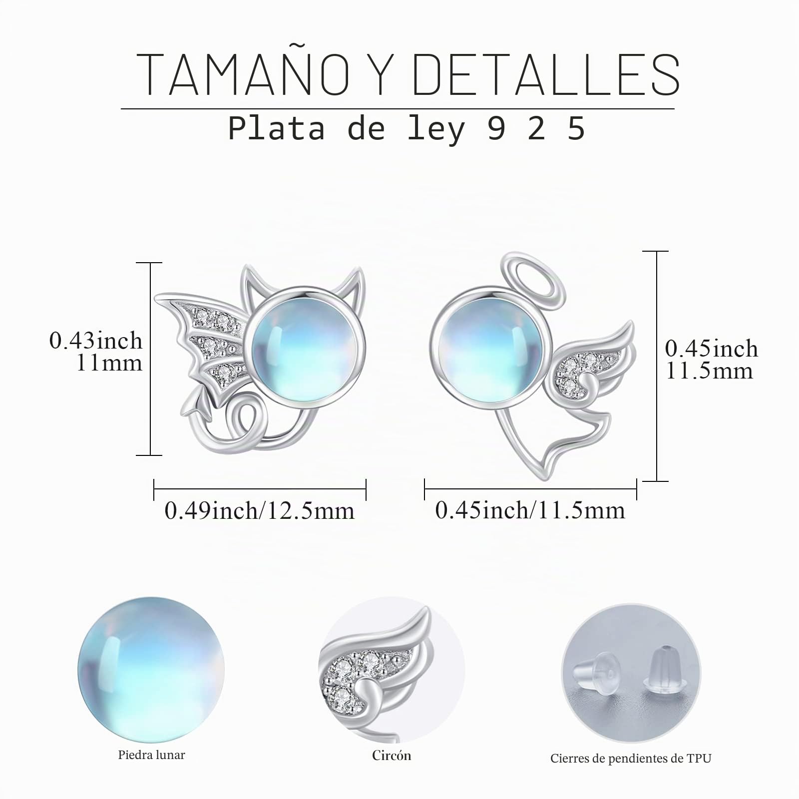 Pendientes de Plata 925 con Piedra Lunar - Diseño Ángel Diablo para Halloween - Joyería de Luna para Mujer