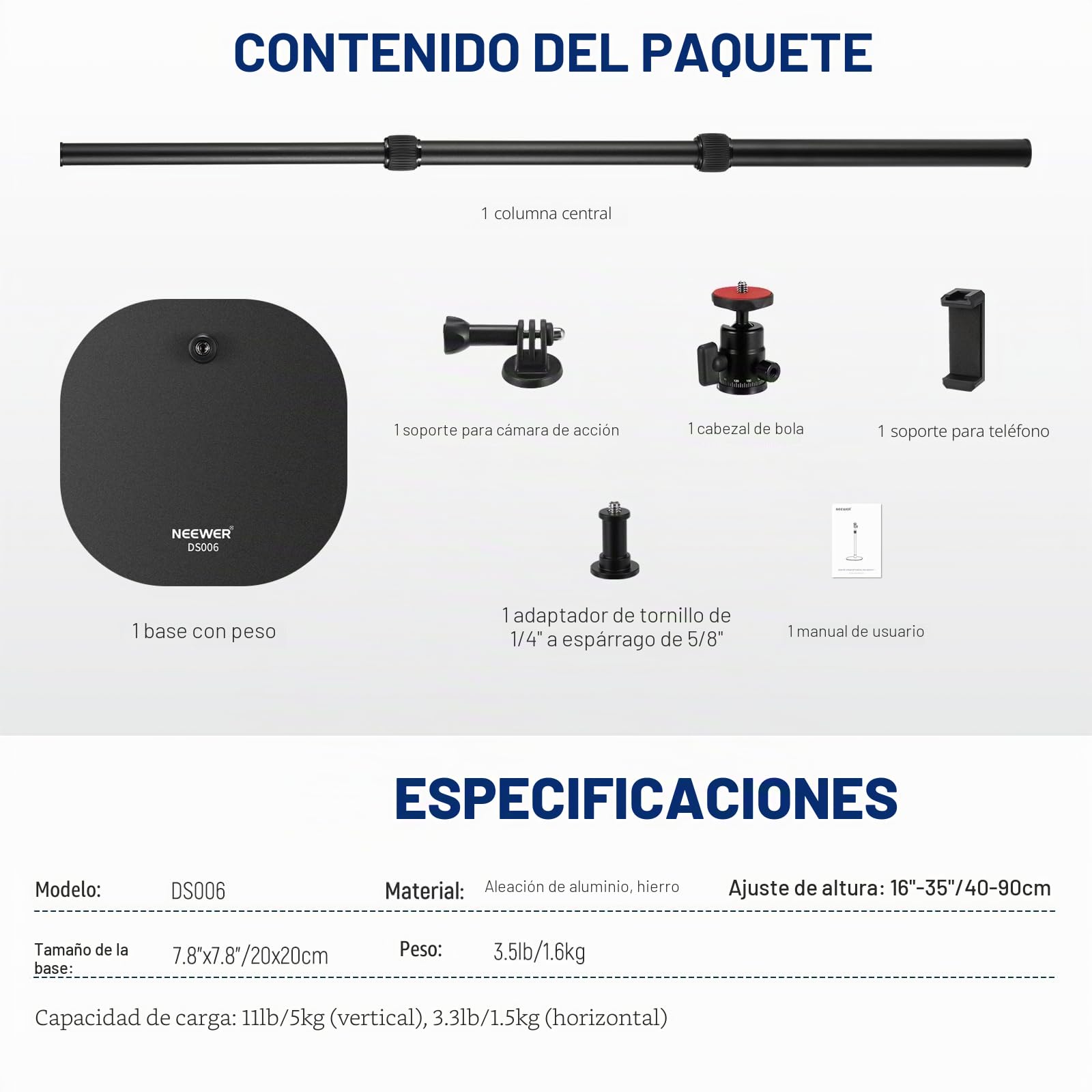 NEEWER Soporte Proyector Mesa con Base,Trípode Escritorio de 40-90cm con Soporte Celular & Montaje Cámara Acción,Montaje Proyector Vídeo Webcam Cabezal Esférico Compatible con XGIMI Nebula MEVO,DS006