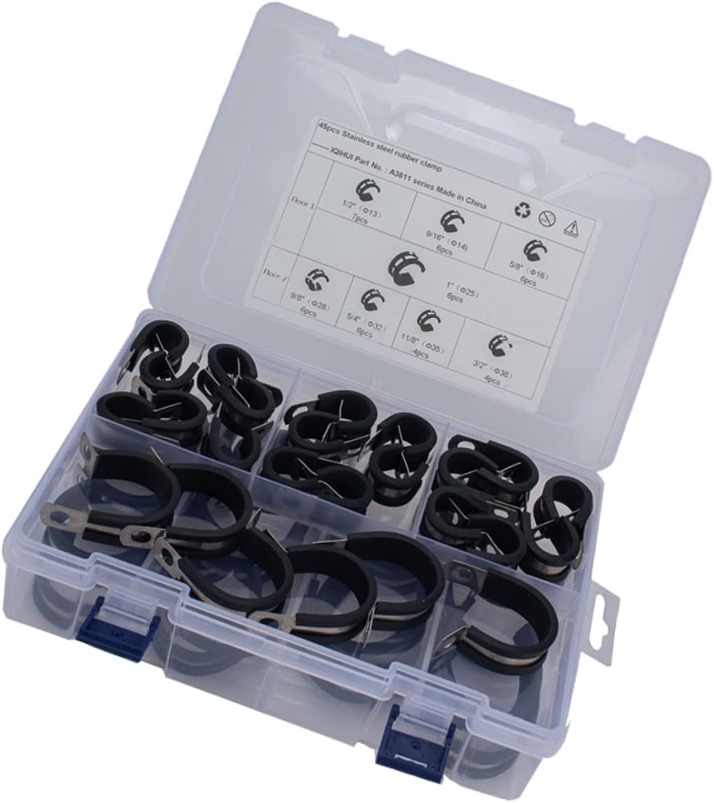 45pcs Stainless Steel Rubber Lined R-shaped Tube Clip Clamp for Automotive Industrial and Applications Durable Cable Management
