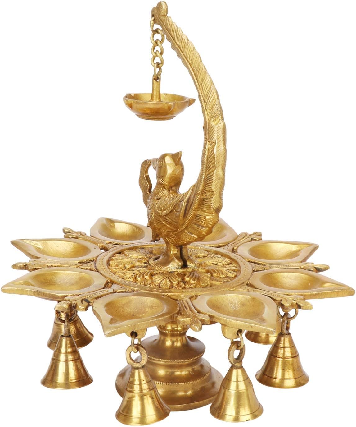 Kartique Brass Peacock Decorative Multi Diya with Bell for Home Diwali Gift in Gold Color