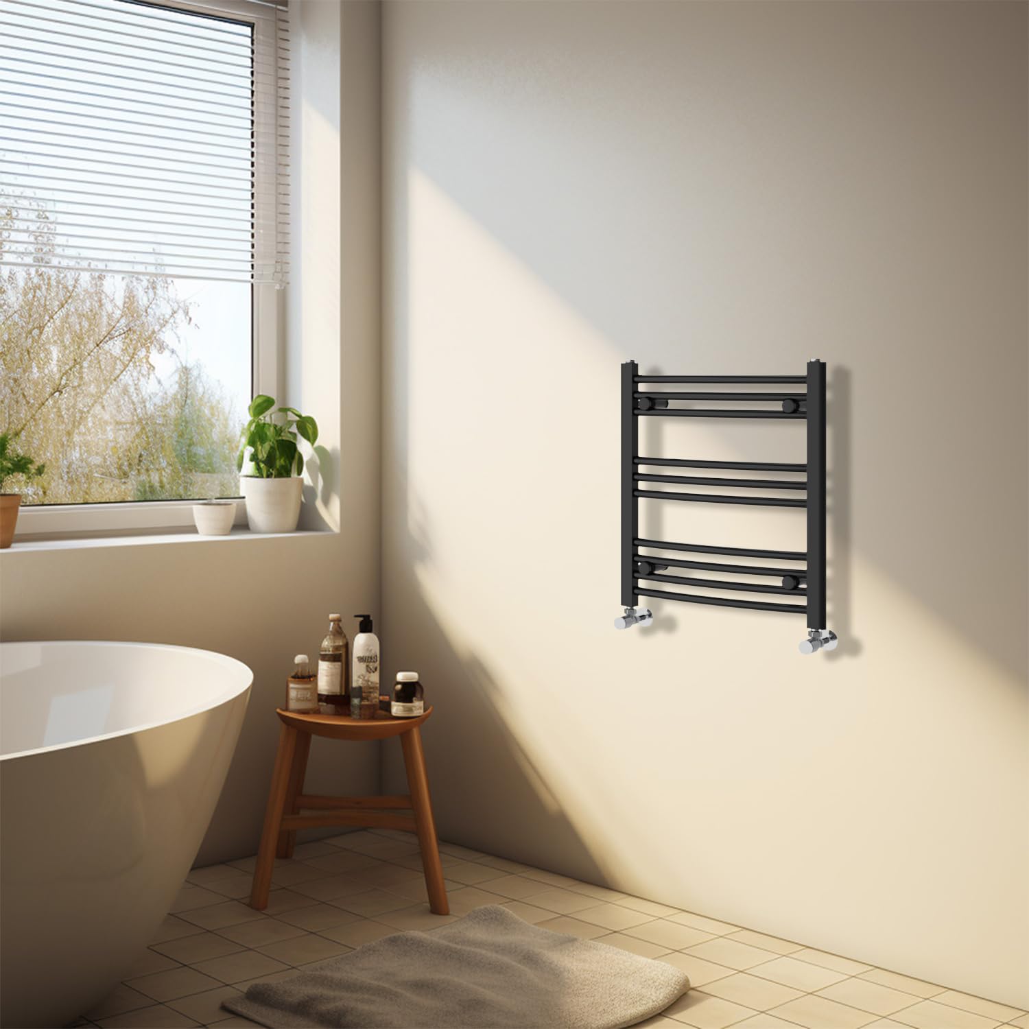 NRG Black Heated Towel Rail Curved Designer Bathroom Radiator - 600×500mm