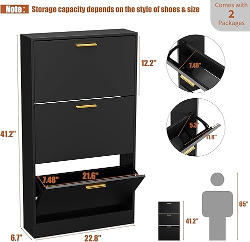 Miniatura 2 de JOZZBY Armario de almacenamiento para zapatos con 3 cajones abatibles para entrada, limo negro, organizador de zapatos moderno y estrecho para