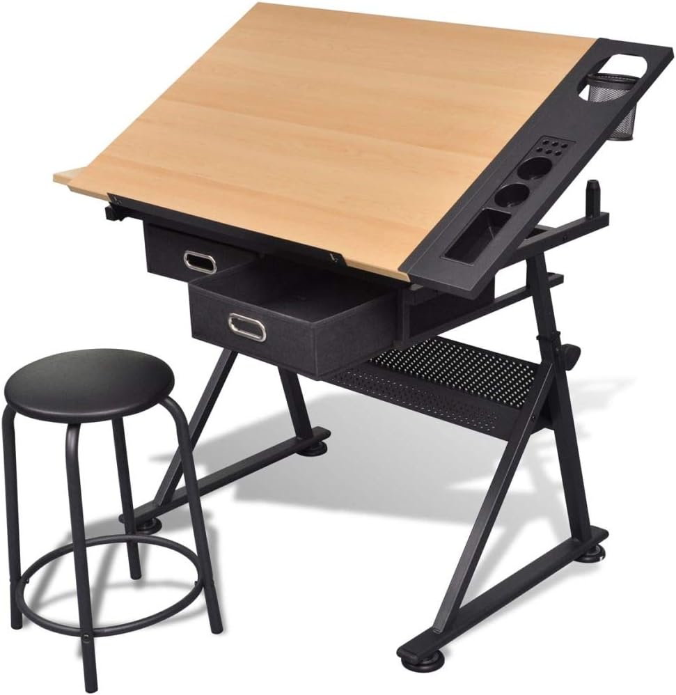 Adjustable Height Drafting Desk Two Drawers Tiltable Tabletop Drawing Table with Stool and Side Tray Beautiful Scenery