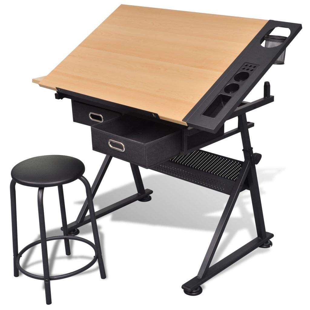 OTQEFTN Adjustable Height Drafting Desk Two Drawers Tiltable Tabletop Drawing Table with Stool and Side Tray Beautiful Scenery