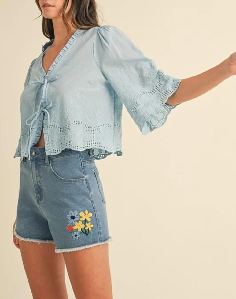 Women Lace Tie Front Top Ruffle Trim Long Sleeve Chiffon Cardigan Boho Flowy Coquette Peplum Shirt Going Out Top - Image 6