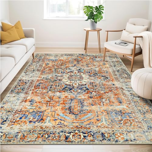 Guchuang Bedding Washable Rugs Living Room Area Rugs Orange Vintage Boho Rugs Large Non Slip Carpet Moroccan Rugs Short Pile Rugs for Bedroom Dining Room Kitchen Soft Faux Wool Rugs 120x170cm
