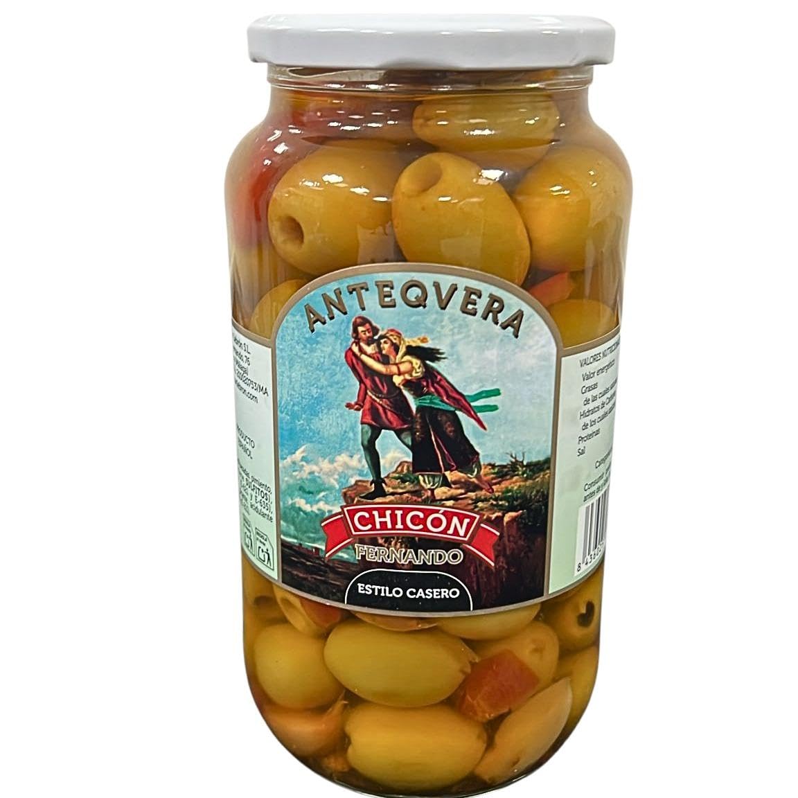 Chicón Lebrón Aceitunas Gordal Deshuesadas Calibre Gigante 80/120 Estilo Casero con Ajo Pimiento Picante Tarro 900g