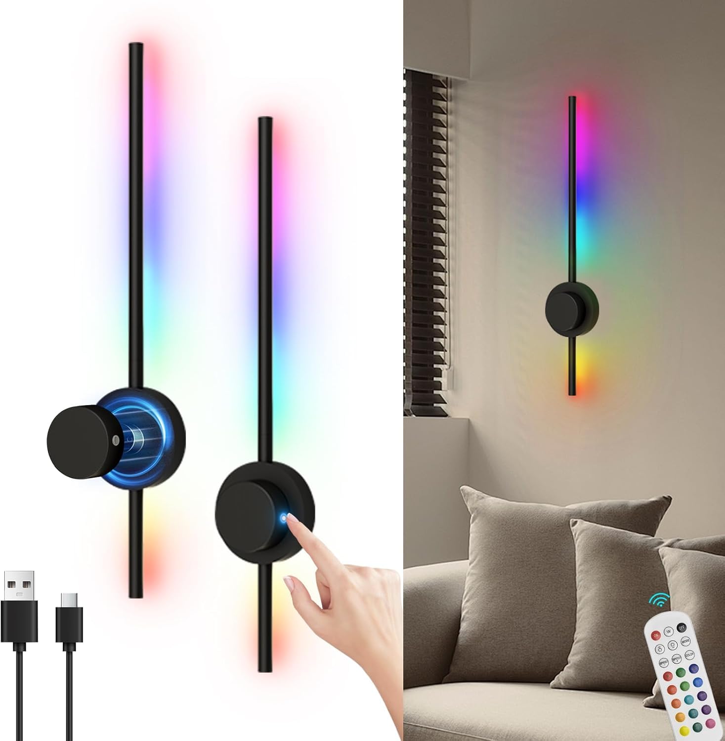 2 Stück Akku Wandleuchte 16 Farben RGB Dimmbar Wandlampe USB-C Wiederaufladbar 5000mAh Abnehmbare Batterie 70CM Nachttischlampe mit Fernbedienung Touch Control Wandlicht für Schlafzimmer Wohnzimmer