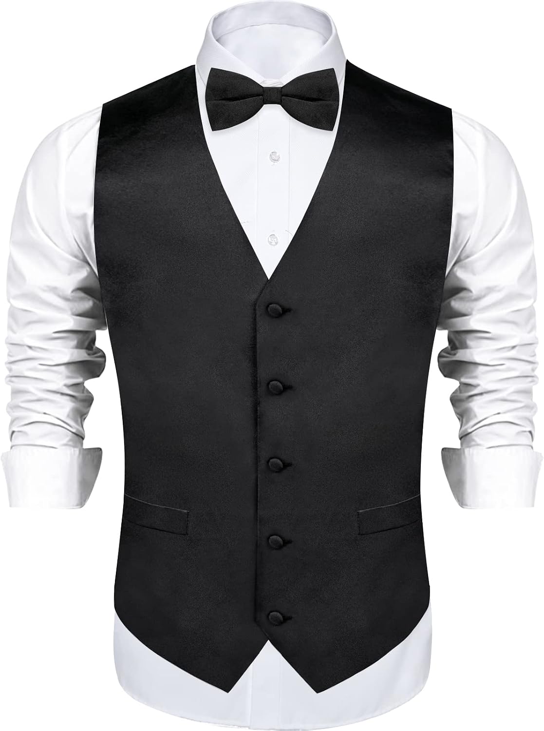 DiBanGu Mens Satin Vest and Bowtie Lapel Pin Set for Suit or Tuxedo,Solid Dress Waistcoat & Pre-tied Bowtie for Wedding Party
