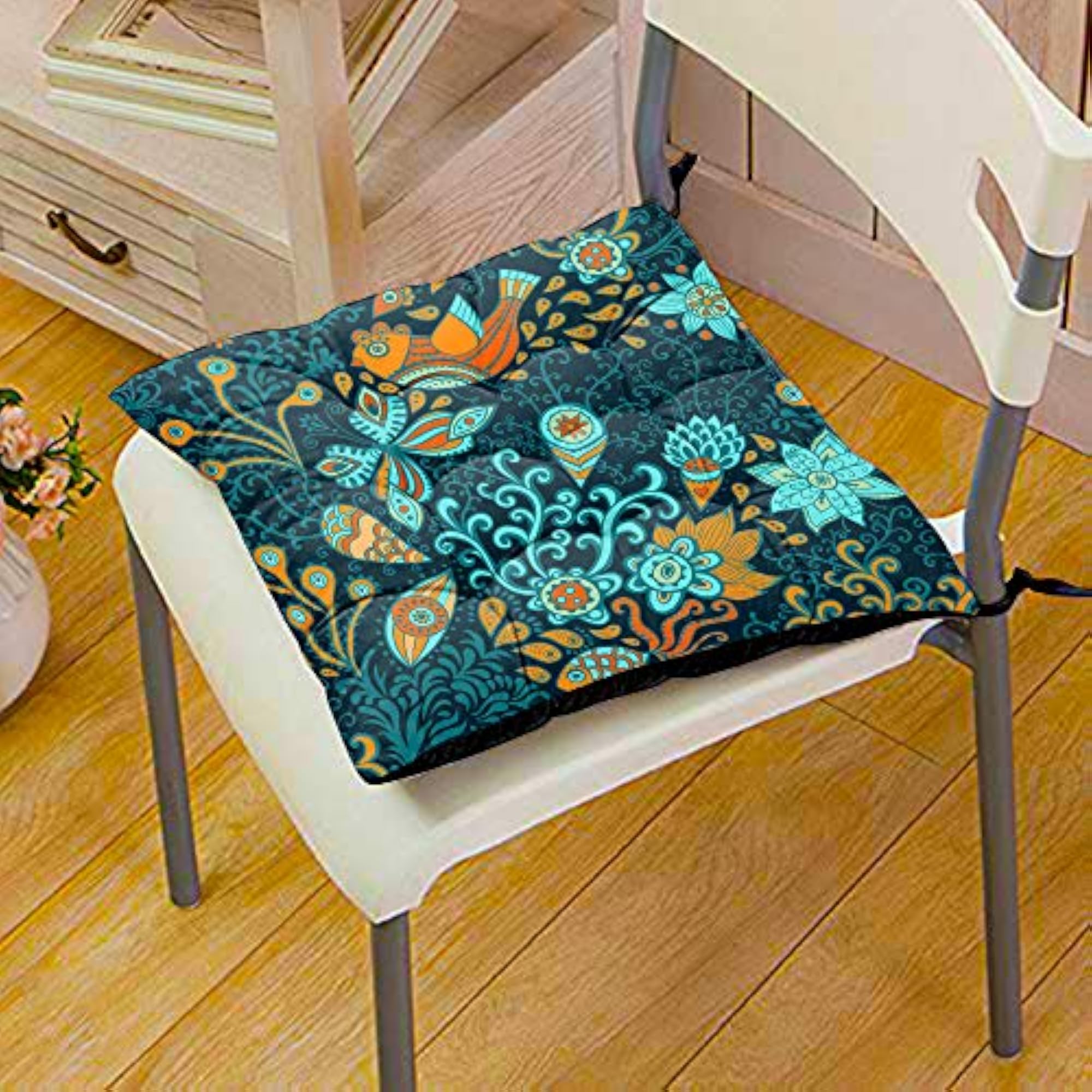 Flower Printed Square Chair Pads with Ties, Large Size