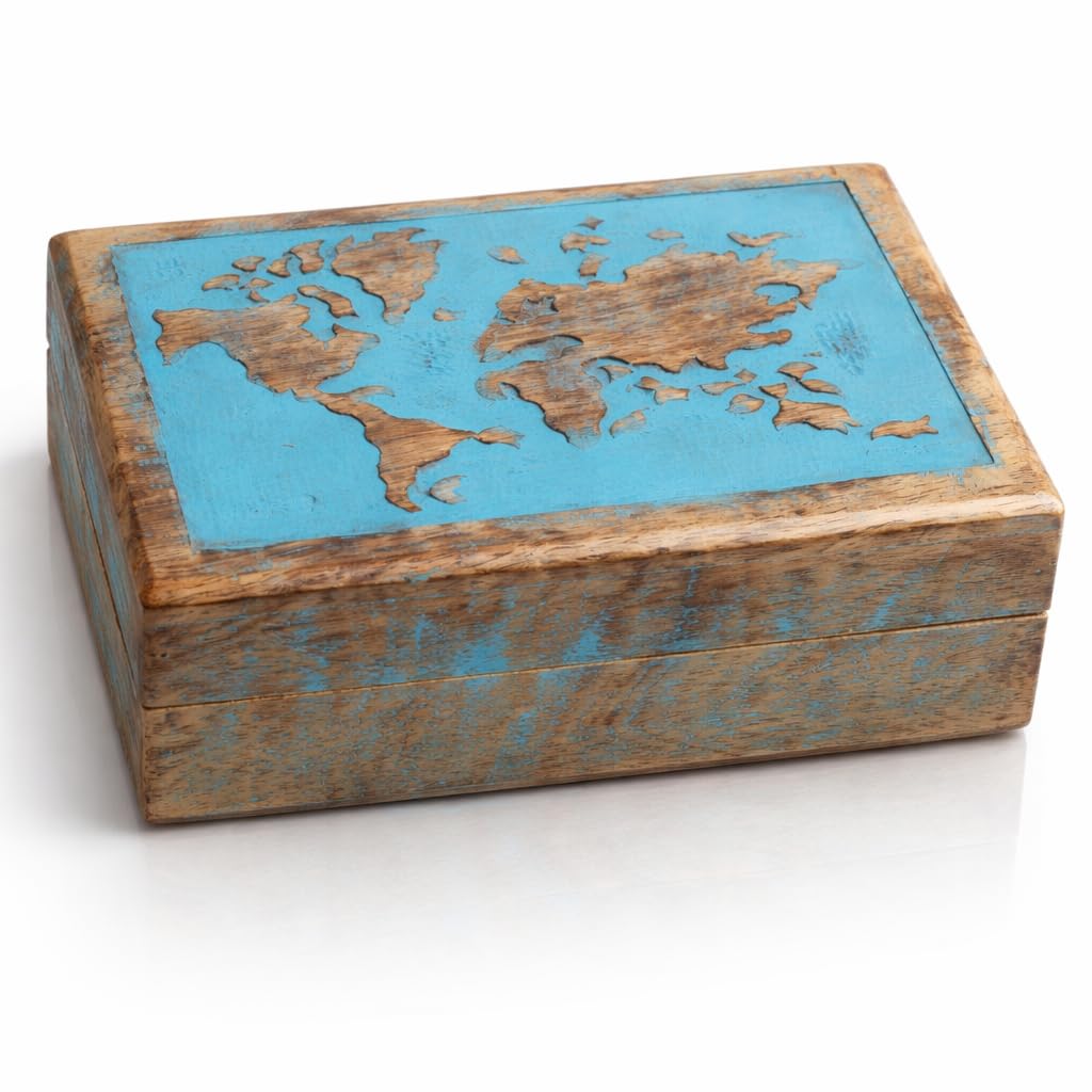 Great Birthday Gift Ideas Handmade Decorative World Map Wooden Jewelry Keepsake Box Treasure Jewelry Organizer Treasure Chest Trinket Holder Lock Watch Box (Blue Wash Finish)
