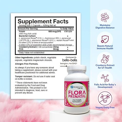 Miniatura 3 de belle+bella Probiology Flora - Cápsulas prenatales – Suplemento probiótico y prebiótico de doble acción con ácido fólico para mujeres prenatales y