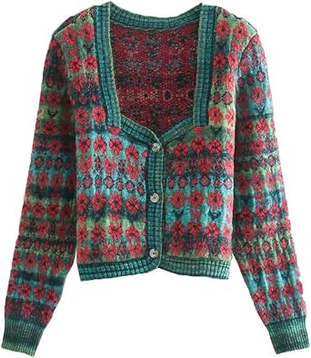 Women Vintage Square Collar Flower Print Jacquard Knitting Sweater