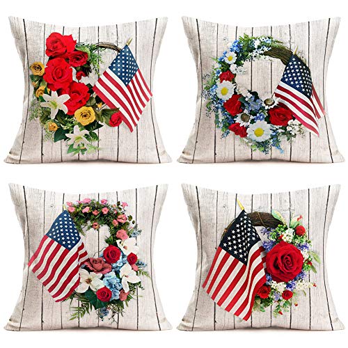 ShareJ 4th of July Independence Day Cotton Linen Throw Pillow Covers American Flag USA with Flower Leaves Wreath Patriotic Retro Wood Grain Decor Pillow Cases Square 18