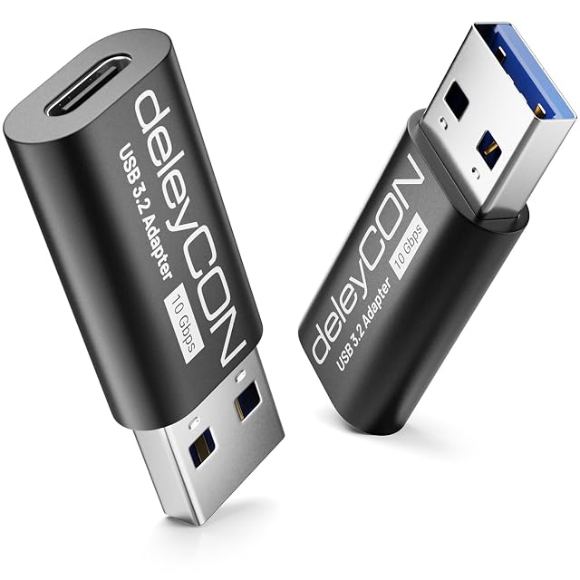 deleyCON USB C Adapter 10Gbps (2 Sztuki) Gniazdo USB C na Wtyk A – do iPhone 17/16/15, iPad, Galaxy S26/S25/S24/S23, A57, A56, A16, PC, Laptop, CarPlay, Ładowarki