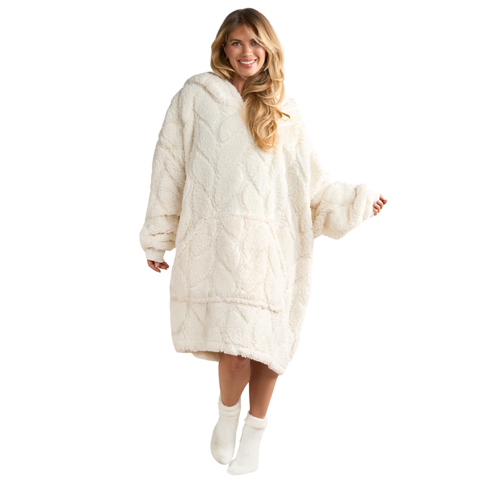 OHS Oversized Hoodie Blanket - Giant Fleece Jumper - Supersoft Wearable Throw - Cream - One Size