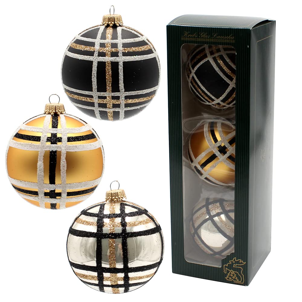 Dekohelden24 Lauschaer KGL10833 Christmas Tree Decorations Set of 3 Glass Baubles in Gold, Black and Ivory, Mouth-Blown and Hand-Decorated with Gold Crowns, Diameter Approx. 8 cm