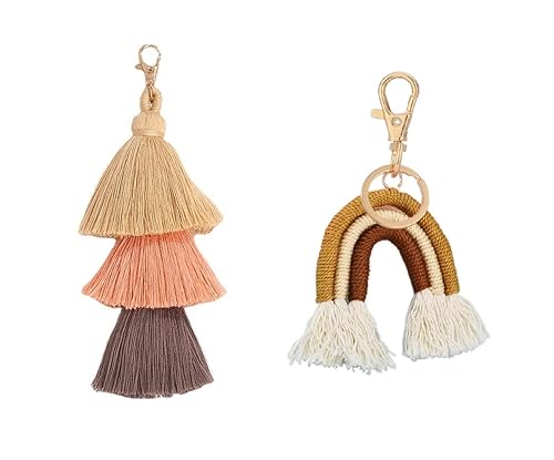 2 Pcs Boho Rainbow Keychains Pom Pom Colorful Tassel Macrame