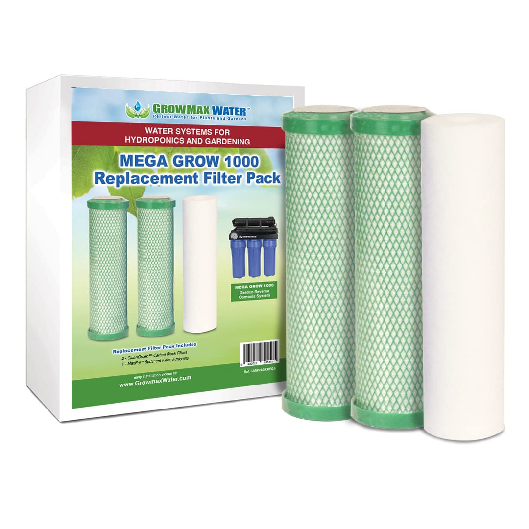 Packung mit 3 Filtern für Mega Grow 1000-Geräte. 2 Kohleblockfilter + 1 5-Mikron-Sedimentfilter. Entfernt Sedimente aus Wasser, Schlamm usw. GrowMax-Wasser.
