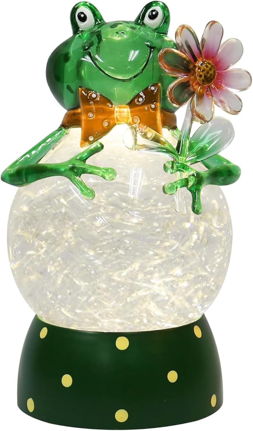 MOMENTS IN TIME Acrylic Frog Snow Globe LED Light-Up Water Glitter Ball with Flower, Battery Operated Home Decor Accent, Whimsical Glass Frog Decoration