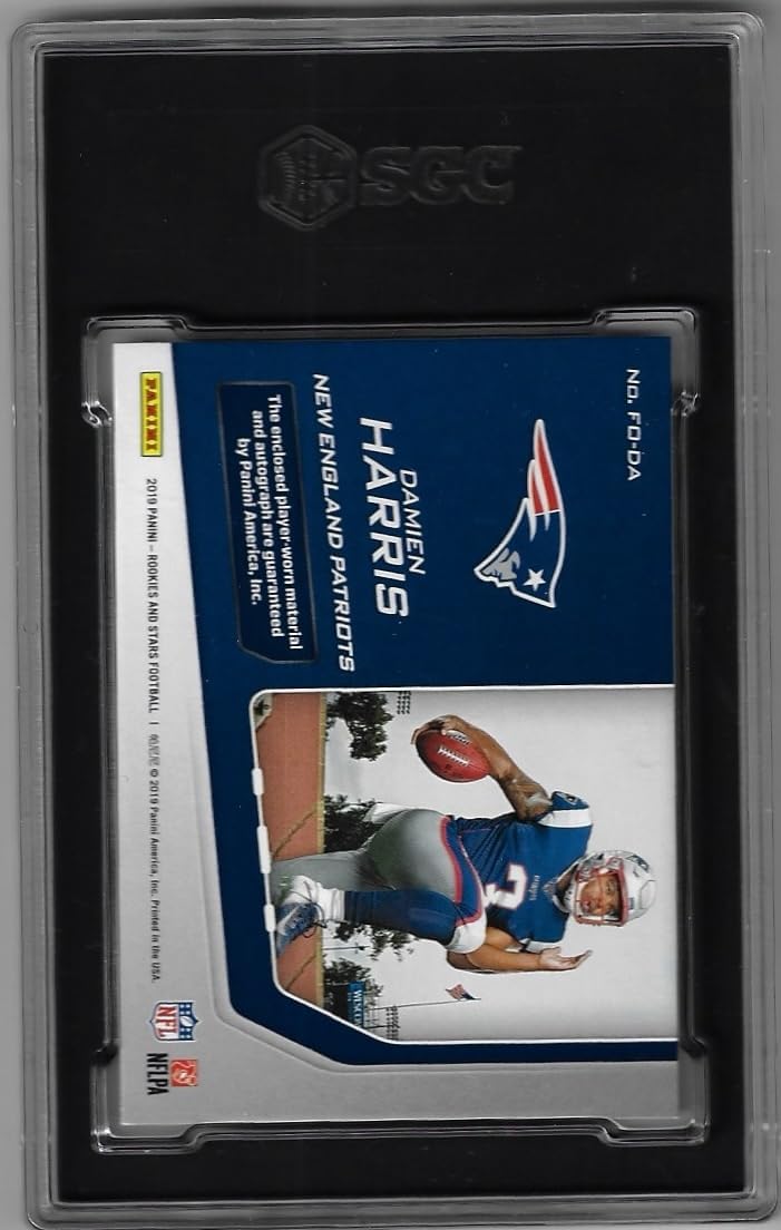 Damien Harris Autographed & Graded SGC Auto 10 GM & Card Mint+ 9 Serial Numbered #20/99 RPA Auto Freshman Orientation Game Used Jersey Relic Memorabilia Rookie Card Collectible Football Card - 2019 Panini Rookies & Stars Football Card #FO-DA (Patriots)