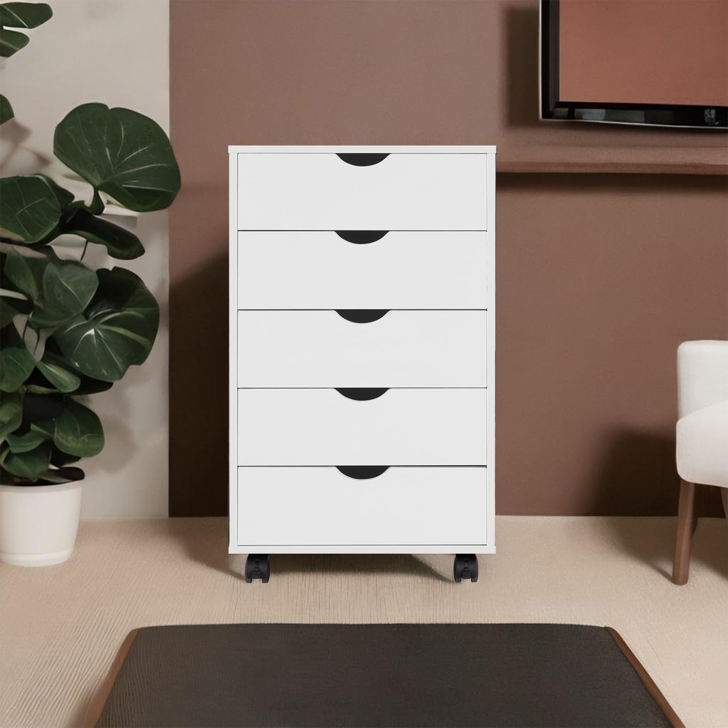 Naomi Home Taylor Storage Cabinet with 5 Drawers, Rolling Organizer Cabinet with Lockable Wheels, Handle-Free Design & Spacious Top Surface, Storage Unit for Home & Office - White