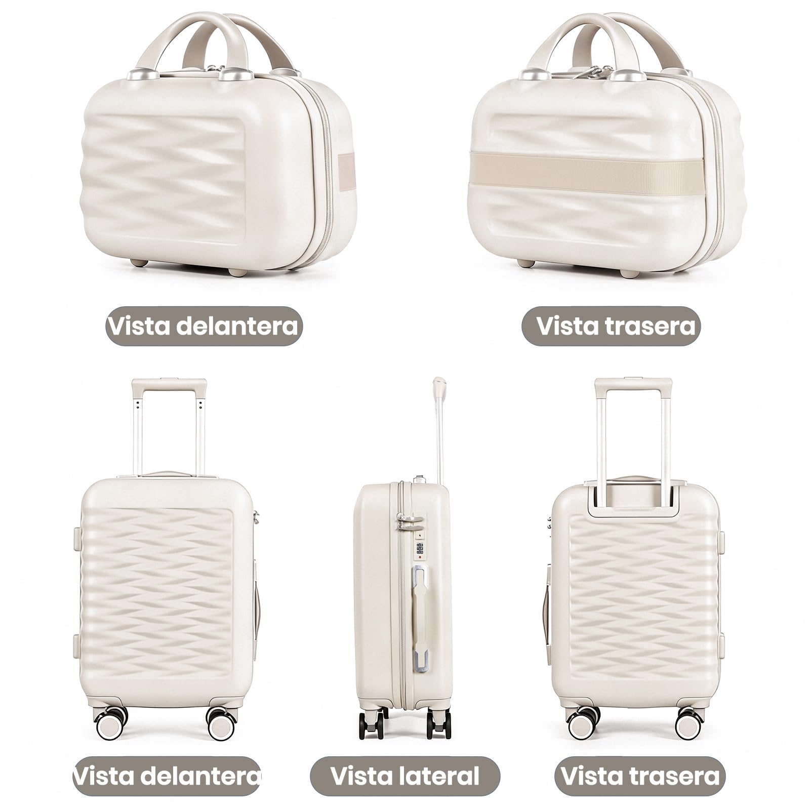 Juego de maletas con estuche de belleza, ligero ABS + PC, maleta de viaje rígida con ruedas giratorias, White, 4 Piece Set, Lado rígido moderno