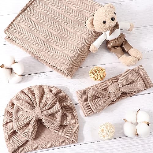 Image of DRESHOW BQUBO Newborn Receiving Blanket Toddler Warm for Girls with Bow Hat and Bow Headband Shower Gift