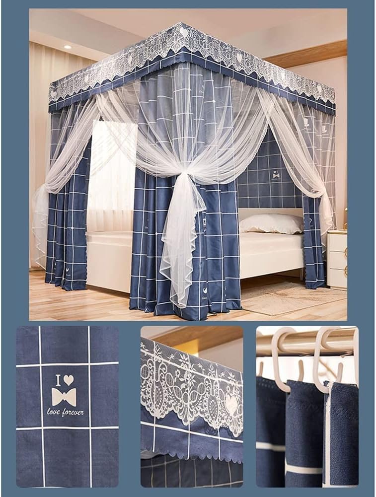 Fabric Bed Drapes Mesh Protection Canopy Shielding Netting,4 Corner Post Double Bed Canopy Mosquito Net, Dustproof Blackout Bed Curtains with Metal Brackets, Easy to Install
