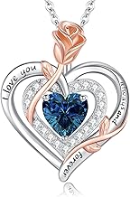 LAVUMO Women's Necklace 925 Silver Double Heart Rose Flower Chain Birthstone Necklaces Mother's Day Birthday Valentine's Christmas Jewelry Gifts for Women Mom Girlfriend